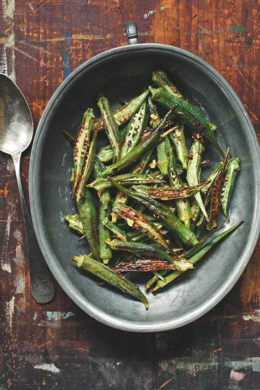 Roasted okra with chilli oil