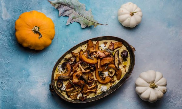 Roasted onion squash and cep with sage, soft Parmesan polenta and mascarpone