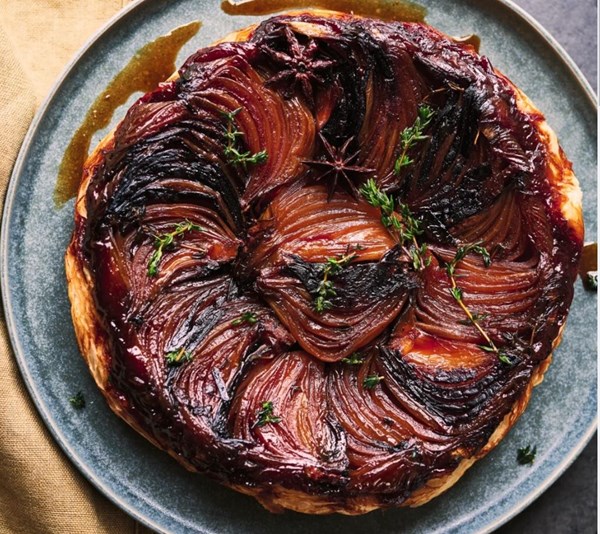 Roasted onion tarte Tatin with cheddar mascarpone