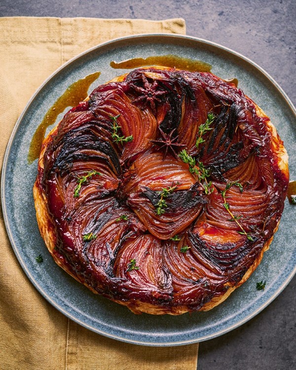 Roasted onion tarte Tatin with cheddar mascarpone 