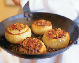Roasted onions stuffed with prosciutto and Parmesan