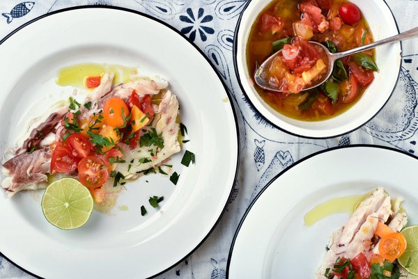 Roasted or grilled whole fish with tomato vinaigrette
