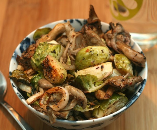 Roasted oyster mushrooms and Brussels sprouts with shiso and shichimi togarashi 