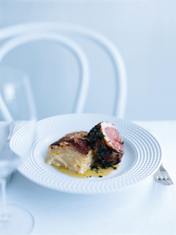 Roasted parsley lamb with creamy potato gratin