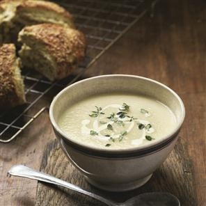Roasted parsnip and Parmesan soup with hot thyme scones