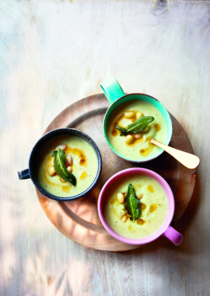 Roasted parsnip, garlic and haricot bean soup with sage