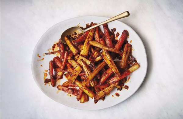 Roasted parsnip wedges with harissa honey
