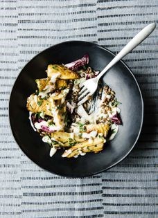 Roasted parsnips + endive w/mornay sauce + barley