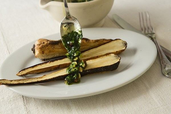 Roasted parsnips with hazelnut pesto
