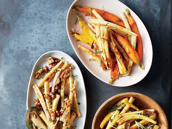 Roasted parsnips with sea salt, malt vinegar, and chives