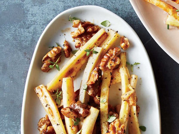Roasted parsnips with walnuts, maple, and thyme