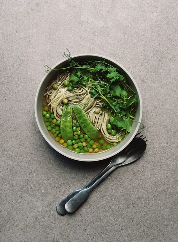 Roasted pea pod summer broth, mixed peas, soba noodles and yuzu oil