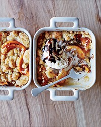 Roasted peach cobbler with vanilla ice cream and balsamic syrup