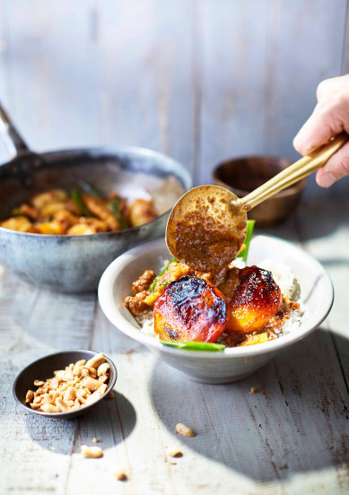 Roasted peach massaman with Asian vegetables, peanuts and coriander