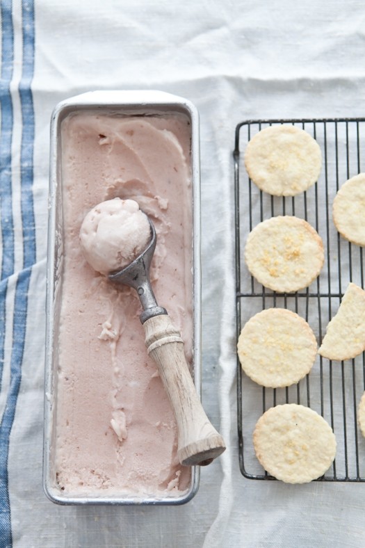 Roasted peaches and lavender ice cream with lemon salt shortbread cookies