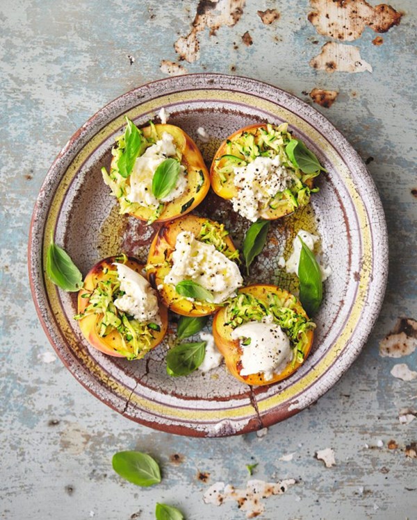 Roasted peaches, burrata, basil and lemon with courgette shavings 