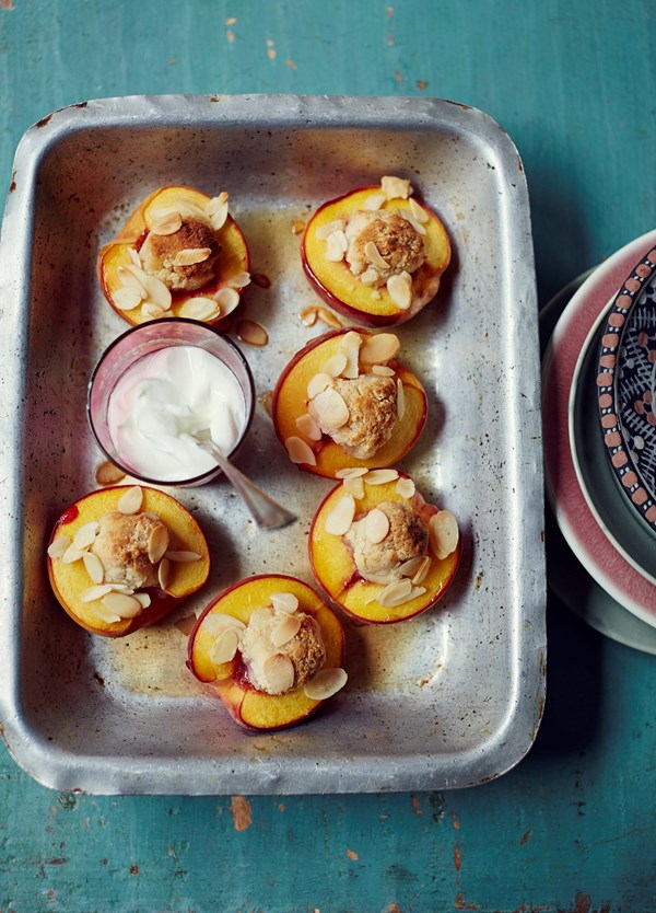 Roasted peaches with marzipan and rose syrup