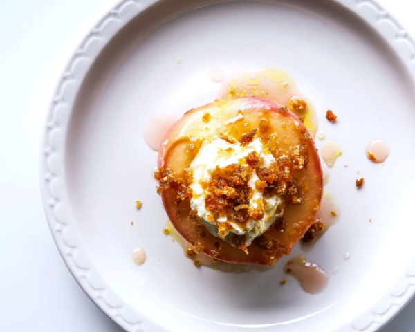 Roasted peaches with ricotta buttercream and breadcrumbs
