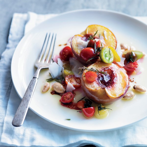 Roasted peaches with tomatoes, almonds & herbs [Daniel Humm]