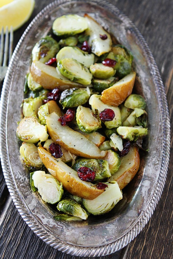 Roasted pear and cranberry Brussels sprouts