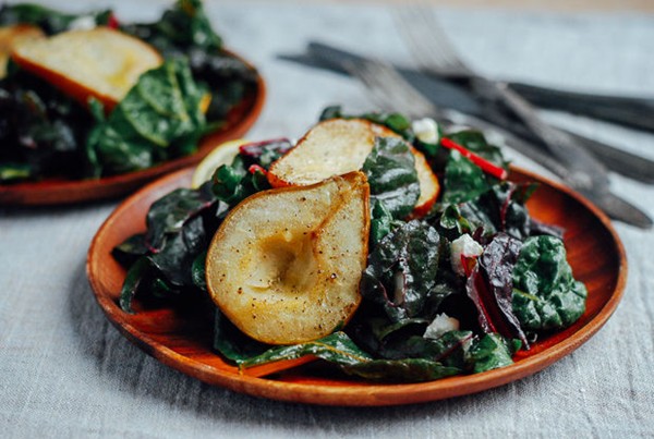 Roasted pear and rainbow chard salad