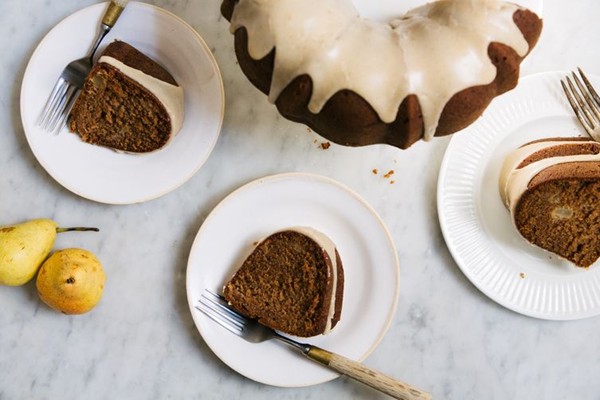 Roasted pear cake with brown butter glaze