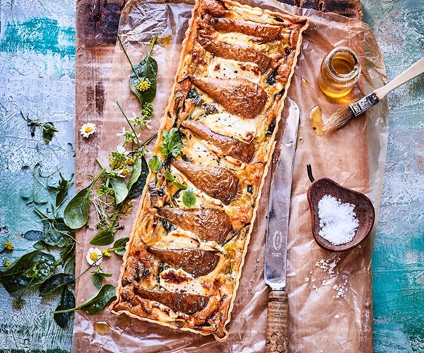 Roasted pear, leek & goat's cheese tart