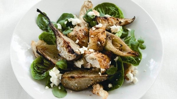 Roasted pear, leek, chicken and goat's cheese salad