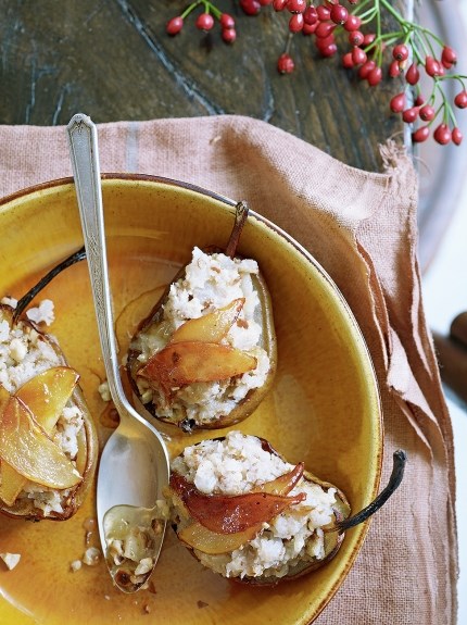 Roasted pear with walnut and ginger filling
