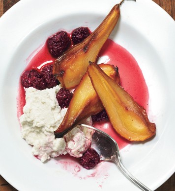 Roasted pears with blackberries, ricotta, and lavender sugar