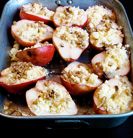 Roasted pears with lemon Stilton, walnuts and honey