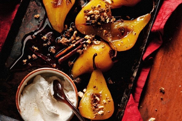 Roasted pears with spiced crumbs and sweet labne
