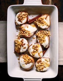 Roasted pears with whipped goat cheese and maple pine nut brittle