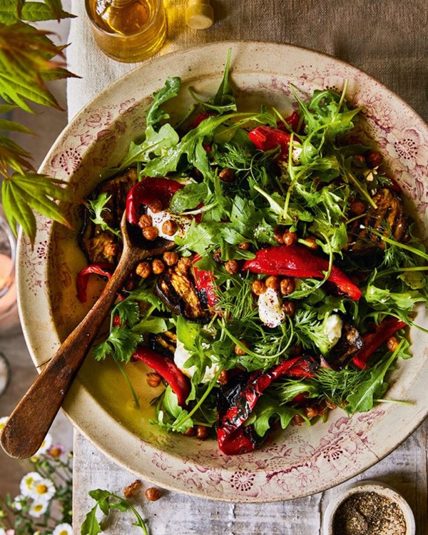 Roasted pepper and aubergine salad with crispy spiced chickpeas and labneh