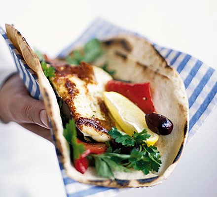 Roasted pepper and halloumi wraps