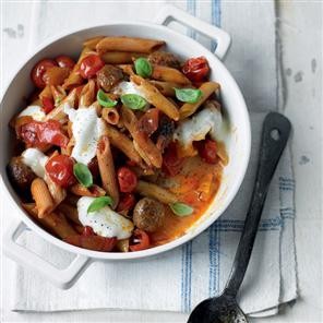 Roasted pepper and meatball pasta bake