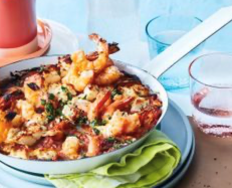 Roasted pepper and prawn saganaki with gremolata