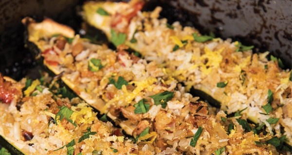 Roasted pepper, artichoke and pine nut stuffed courgettes