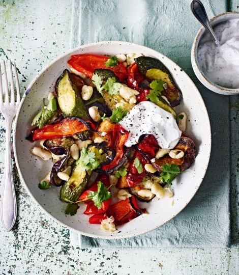 Roasted pepper, aubergine and sweet potato with garlic & sumac yogurt