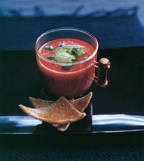 Roasted pepper passata with basil yogurt and tomato tartare
