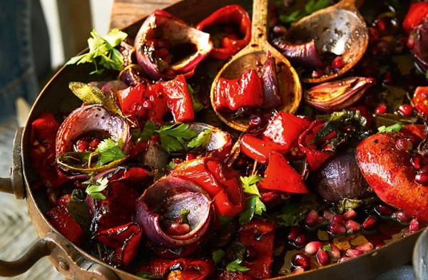 Roasted peppers & red onions with warm pomegranate dressing 
