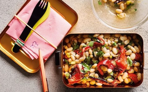 Roasted peppers with white beans, pistachios, parsley and lemon