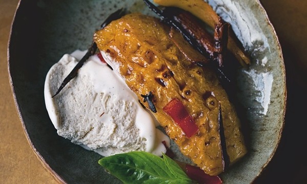 Roasted pineapple with tamarind and chilli, and coconut cream