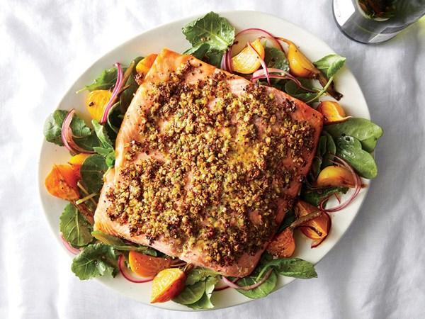 Roasted pistachio-crusted salmon and kale salad