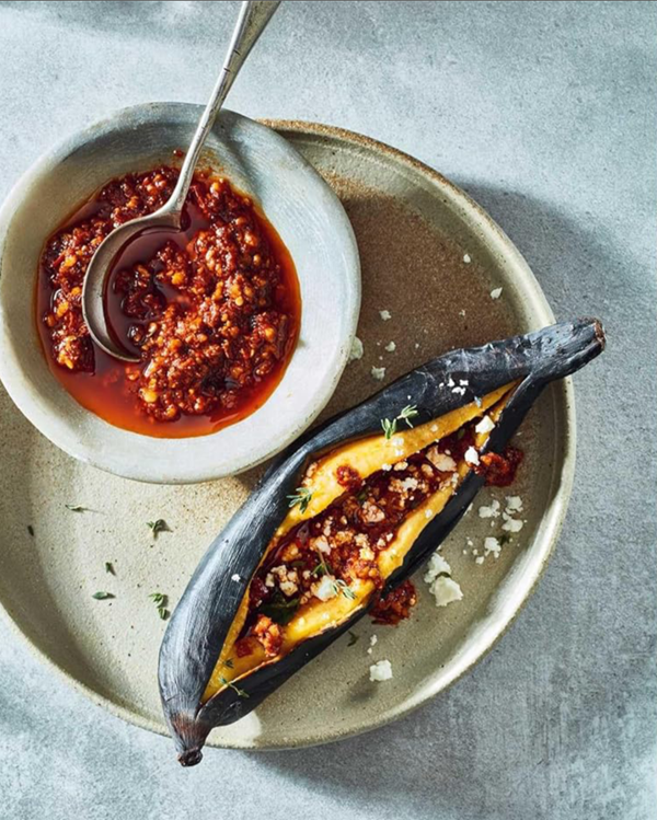 Roasted plantains with peanut-lime salsa and feta