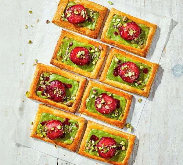 Roasted plum & pistachio custard pastries