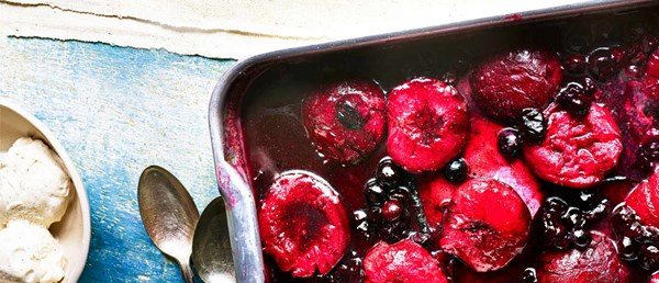 Roasted plums with balsamic blueberries
