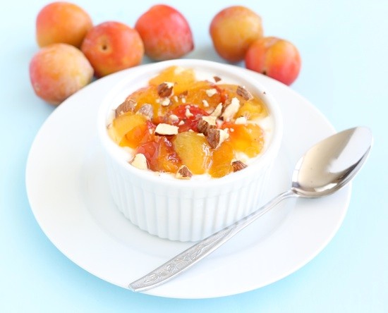 Roasted plums with Greek yogurt, honey, and almonds