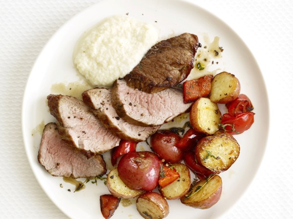 Roasted pork and potatoes with creamy applesauce