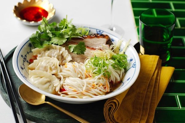 Roasted pork belly & dumpling noodle soup [Kym Machin]